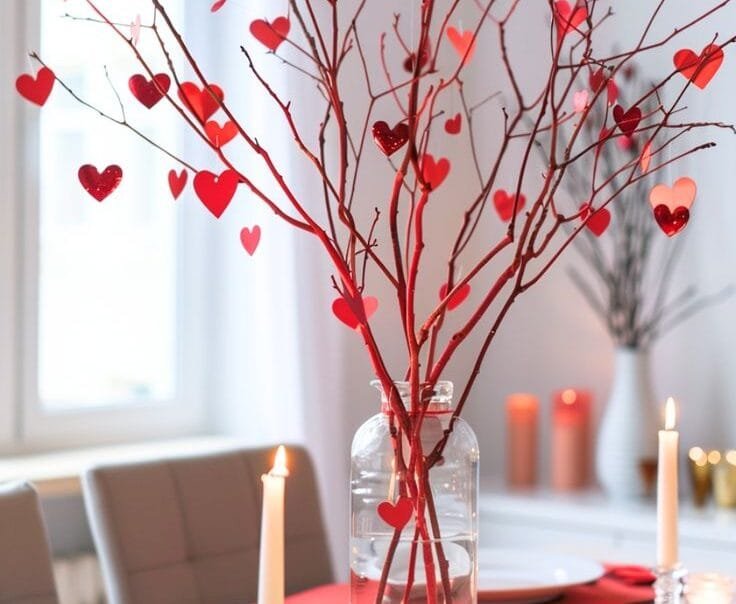 A decorative centerpiece featuring branches with red hearts in a glass vase on a dining table.