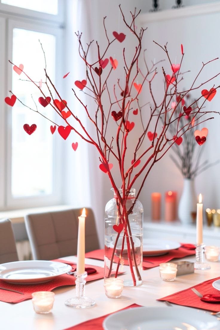 A decorative centerpiece featuring branches with red hearts in a glass vase on a dining table.